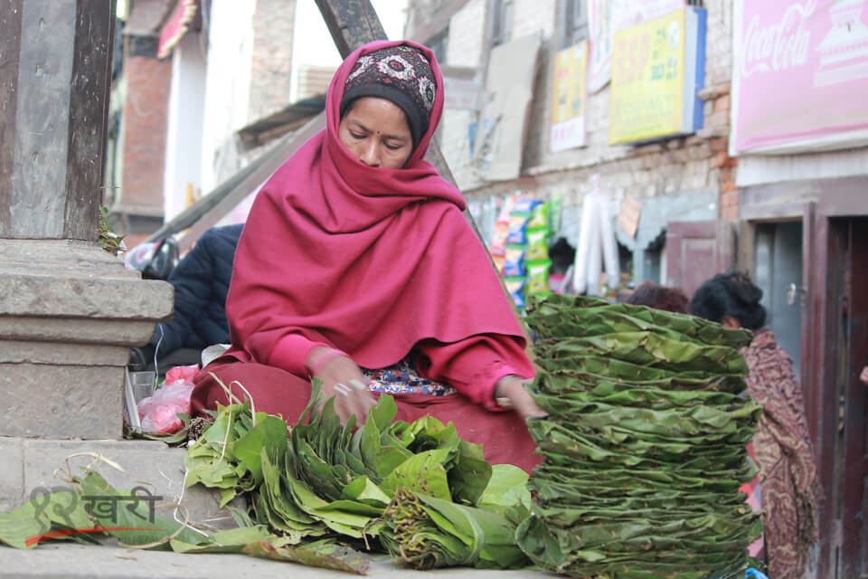 काठमाडौंको बसन्तपुरमा सालको पातले टपरी बनाउँदै महिला । प्लास्टिकका प्लेट प्रयोग हुन थालेपछि यसको बिक्री कम भएको छ । तस्बिर, सरिता खड्का