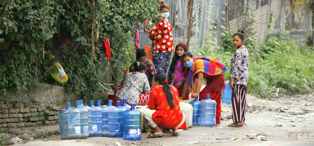 जलस्रोतको धनी मुलुकमा पानीकै दु:ख : काठमाडौंको जडीबुटीमा पानी थाप्दै गरेका स्थानीय । तस्बिर : हरिशजंग क्षेत्री/बाह्रखरी