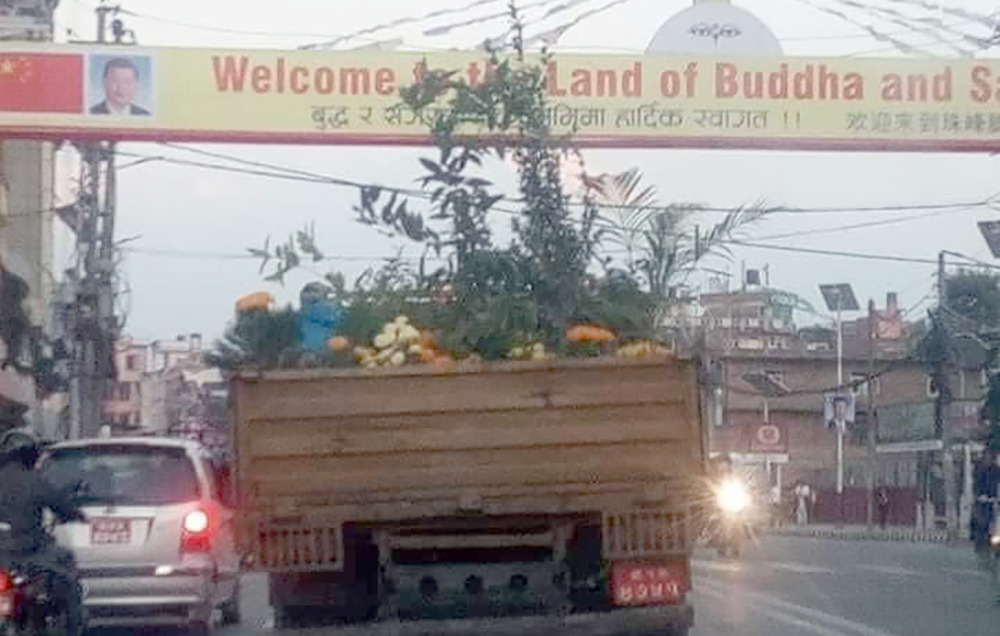 चीनका राष्ट्रपति सी चिनफिङको स्वागतका लागि काठमाडौंका विभिन्न स्थानमा राखिएका गमला र फूल उठाएर लैजाँदै । तस्बिर सौजन्यः अविश अधिकारी
